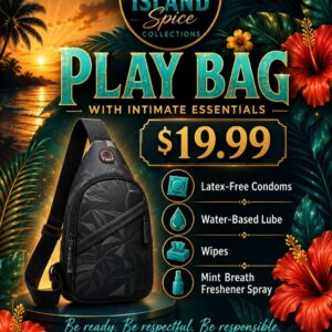 Island Spice Collections Play Bag — black sling bag with latex-free condoms, water-based lube, wipes and mint breath spray